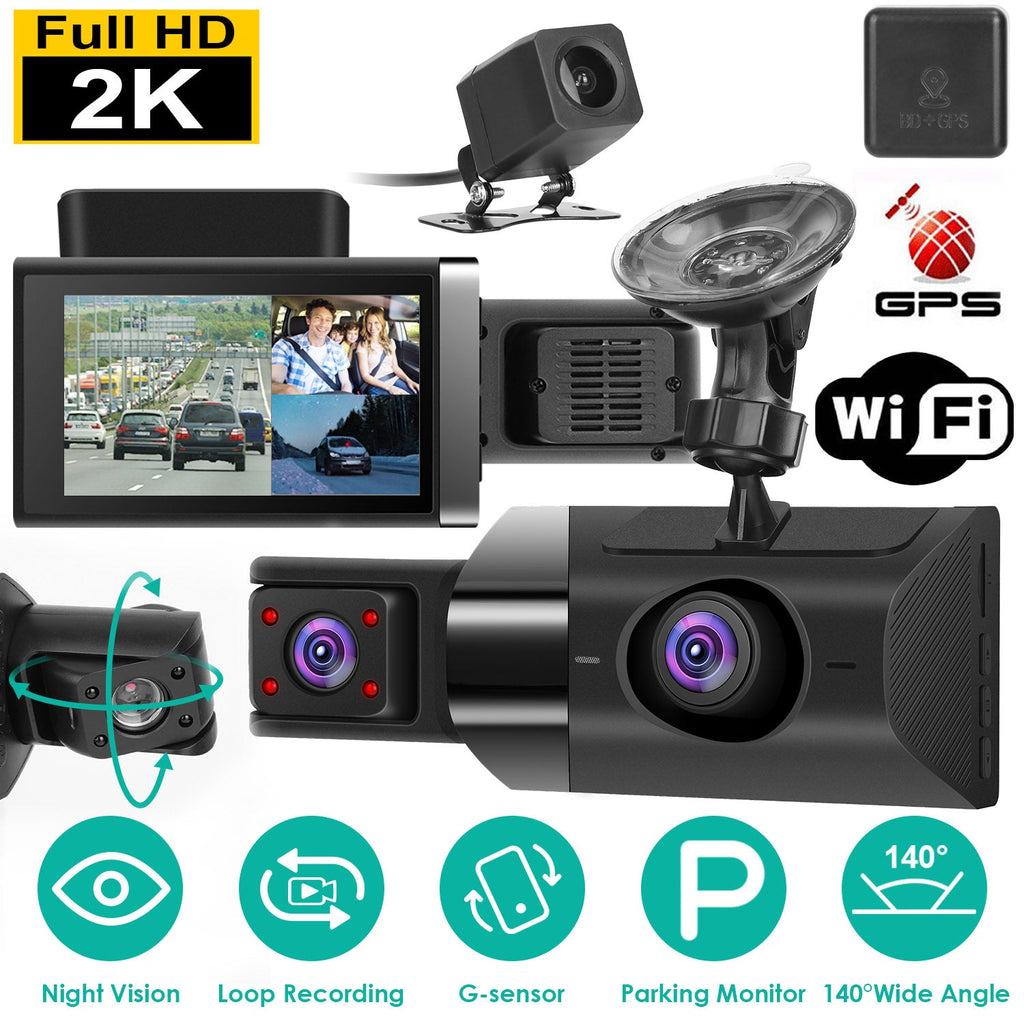 2K Car DVR 3 Channel Dash Cam Camcorder Camera Recorder With 140