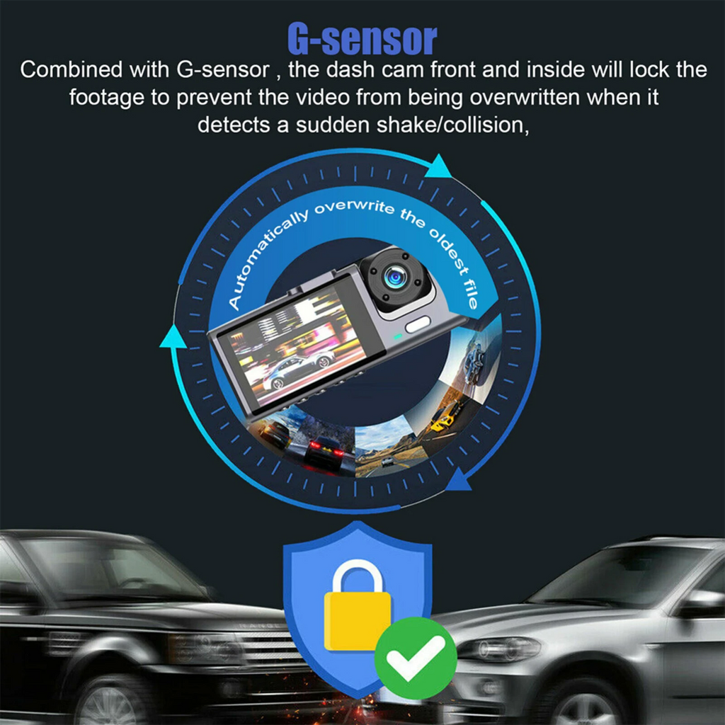 Car Dual Lens Dash Cam HD 1080P Front/Rear/Inside Video Recorder