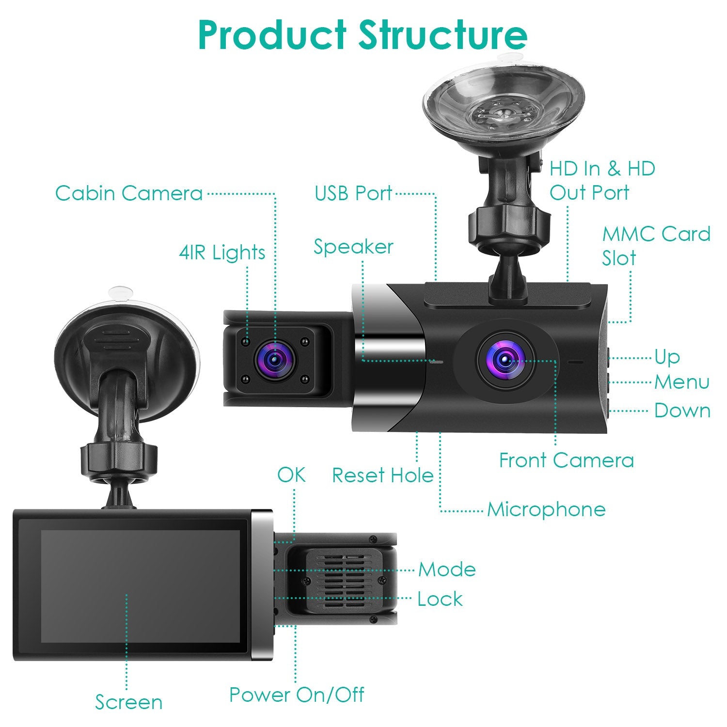 2K Car DVR 3 Channel Dash Cam Camcorder Camera Recorder With 140