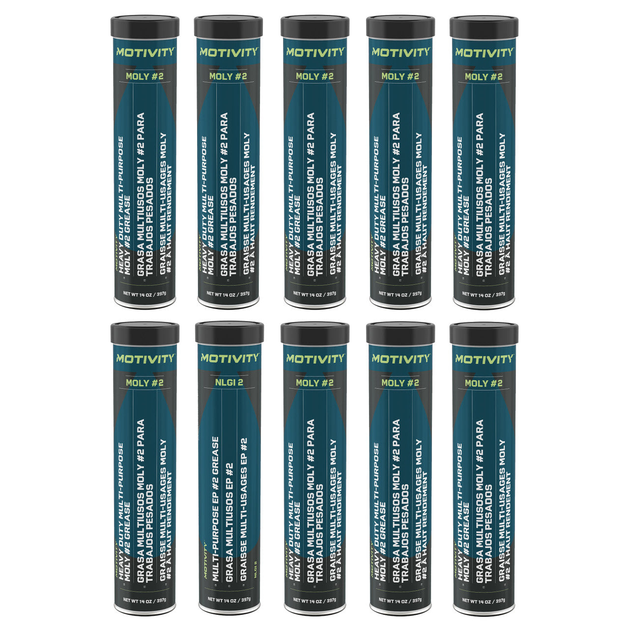 MOTIVITY Heavy Duty Moly Grease, NGLI 2, High Temp & Water Resistant - 10 Pack (14oz Tubes)